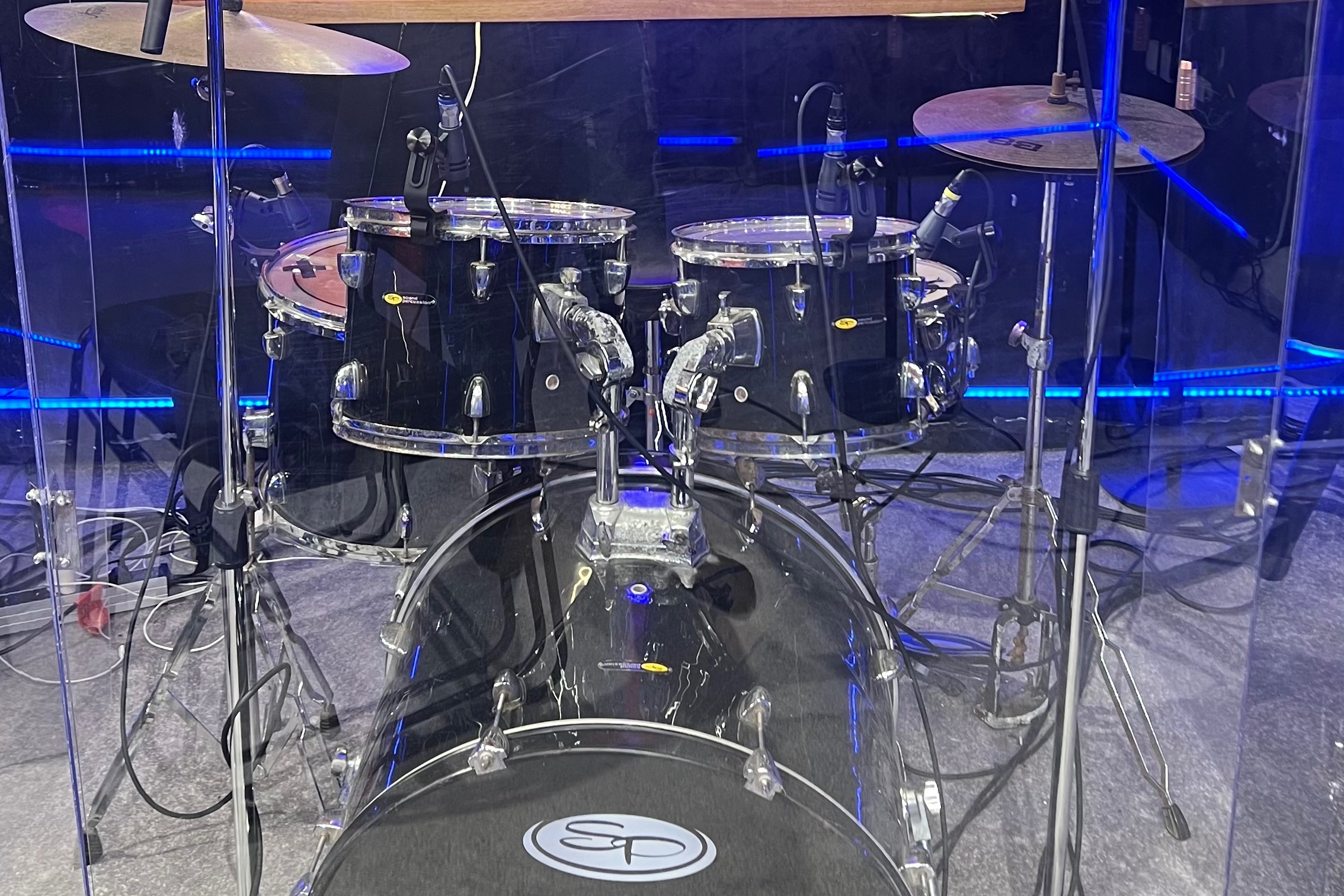 Drum kit set up in the Rehearsal & Recording Room at Gospel Legacy Studios